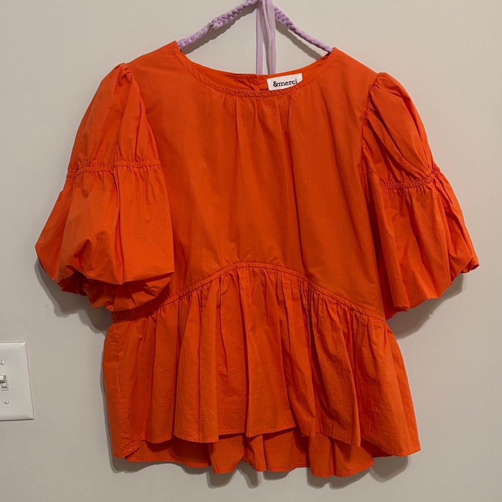 &more Orange Puff-Sleeve Peplum Blouse